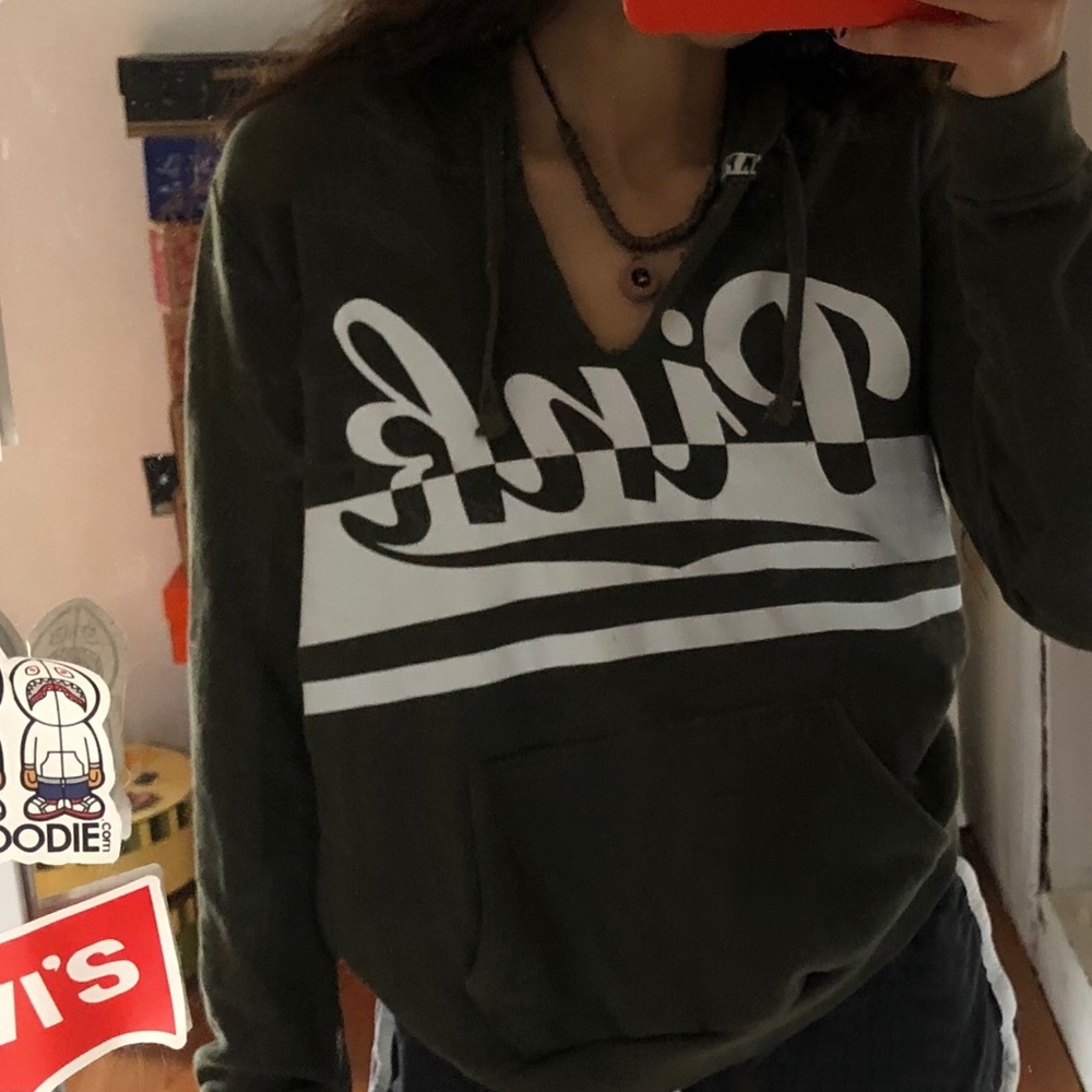 army green PINK v neck pullover hoodie
